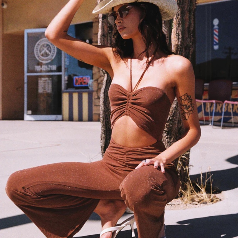 Princess Polly brown ruched jumpsuit size 2